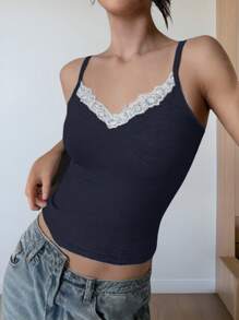 SHEIN Teen Girls' Navy Blue & White Lace Ballerina Style Tank Top