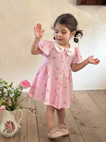 LMoss Kids LMoss  Baby Girl Woven Striped Bow Decor Casual Dress Sisters Outfit,Suitable For Spring And Summer Spring And Summer Spring Dresses For Girls Baby Spring Dress Baby Girl Cute Dress Toddler Spring Dresses  Suitable For Spring And Summer - Pink - View 5
