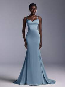 SHEIN Belle Váy dạ hội đuôi cá cổ chữ V hở lưng, sang trọng, tối giản, sang trọng, chất liệu satin, sang trọng, tối giản, sang trọng, thanh lịch, sang trọng ... - Màu xanh bụi bặm - Xem 6