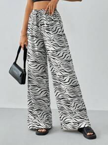 SHEIN Tall Women's Summer Casual Wide-Legged Pants With Zebra Print - Light Grey - View 5