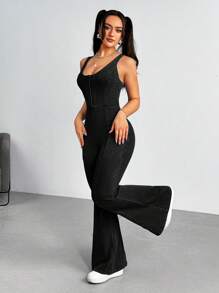 Flexra 女士口袋喇叭形休闲牛仔背带连体裤