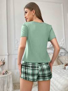 CoupledUp 2pcs/Set Plaid Print Pocket Pajama Set, Including Plaid Shorts - Mint Green - View 2