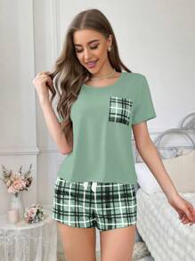 CoupledUp 2pcs/Set Plaid Print Pocket Pajama Set, Including Plaid Shorts - Mint Green - View 6