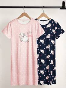 2pcs Girls Cute Sheep Print Comfy Round Neck Short Sleeve Long Nightgown Pajamas Set - Multicolor - View 1
