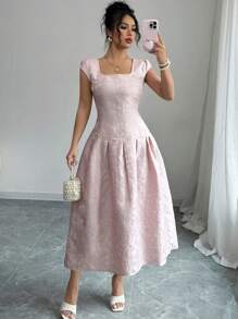 SHEIN Tall 女式 2025 新款提花面料优雅休闲中长连衣裙 - 粉色 - 查看 5