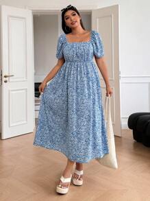 SHEIN EZwear Plus Size Ditsy Floral Square Collar Vacation Casual Dress - Blue - View 1
