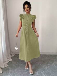 Elenzga New Solid Color Lapel Flounce Sleeve Cinched Waist Women Shirt Dress - Pastel Green - View 6