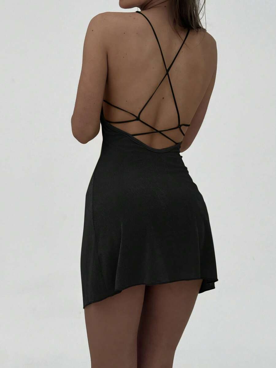 Aloruh Váy mini trơn màu hở lưng gợi cảm cho nữ - màu đen - Xem 1