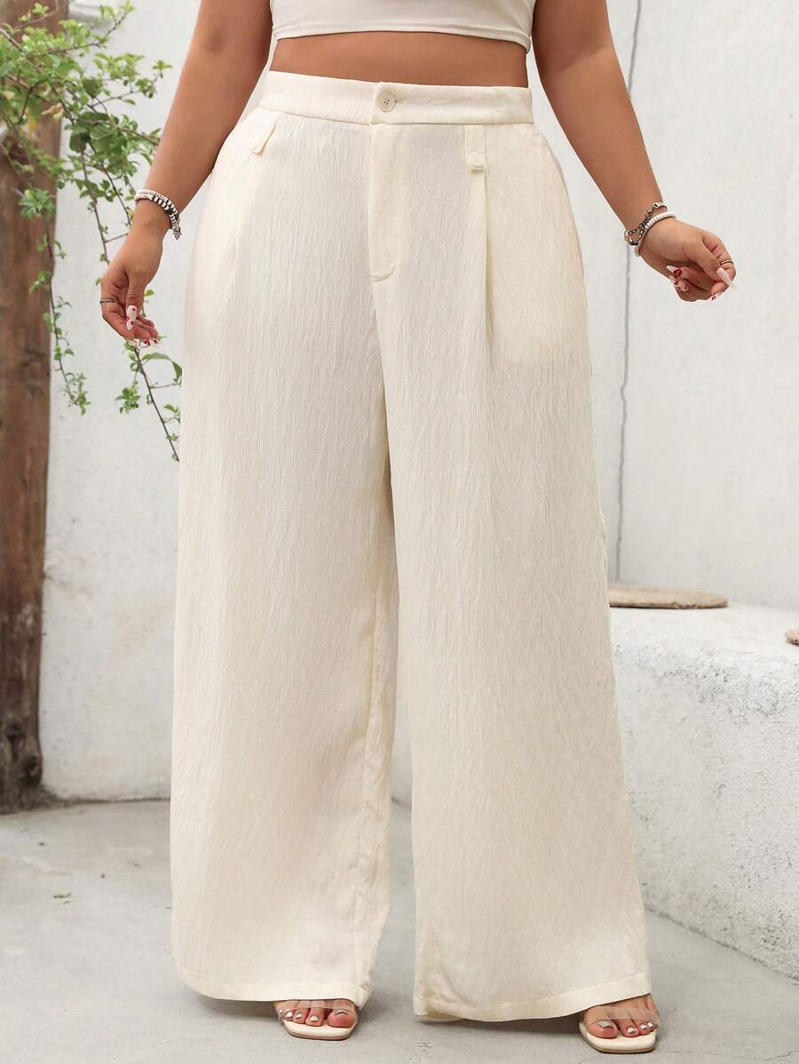 Flirla Plus Size Women's White Summer Smart Casual Holiday Elegant French Bohemian Jacquard Crinkle Fabric Flared Leg Pants,Casual Solid Color Fall Cloth - Apricot - View 1