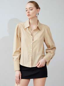 SHEIN Privé Solid Button Front Shirt Button Up Shirt Women  Fall Cloth For Women - Khaki - View 4