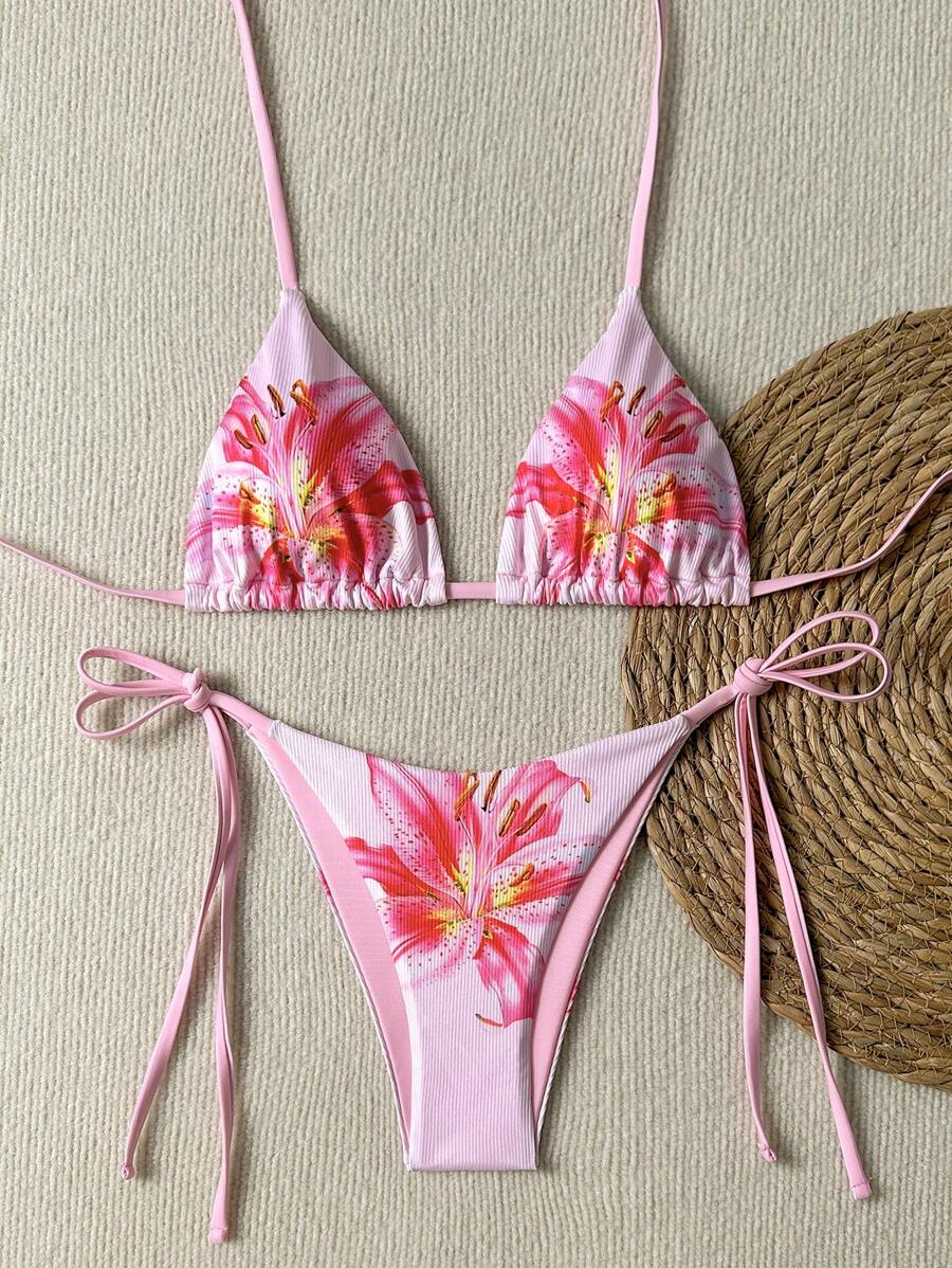 SHEIN 2pcs/Set Summer Vacation Floral Random Print Halter Top And Drawstring Side Bikini Swimsuit, Beach Holiday - Pink - View 1