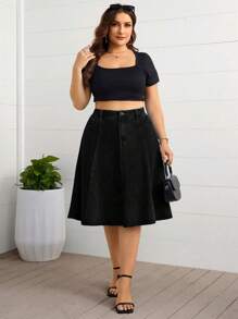 EMERY ROSE Plus Size High Waist Washed Denim Casual A-Line Skirt