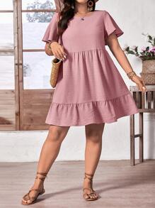 SHEIN LUNE SHEINLUNE Plus Size Women Textured Chiffon Ruffle Hem Short Dress Summer Outfits For Women Summer Clothes Cute Summer Dresses For Women Beach Outfits For Woman Ruffle Dress Summer Called Summerfashion Summerstyle Summerdress Trendingstyle Summerootd Pinkdress Happy Mother Day Mother Day Dress