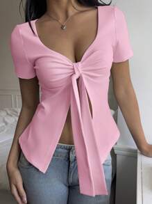 SHEIN EZwear Camiseta de mujer casual de punto rosa con abertura y cordón en la manga corta