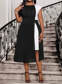 SHEIN Lady Vestido elegante casual de primavera y verano con estampado bohemio en color negro y contraste, cuello redondo, tejido de punto y gasa, cintura con efecto de patchwork, bajo ancho y elegante, talla grande, atuendo para vacaciones, atuendo de playa, vestido de boda, vestido de fiesta para mujer