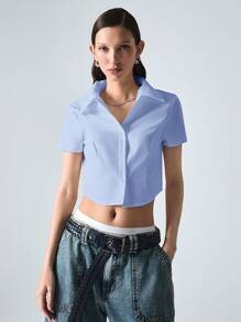 SHEIN EZwear 女式夏季梭织纽扣衬衫 - 藍色 - 查看 5