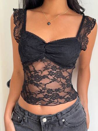 SHEIN EZwear Women's Black Lace Crop Top: Sweetheart Neckline, Cap Sleeves, And Semi-Sheer Floral Design For A Look