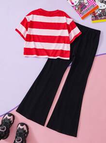 HELLO KITTY AND FRIENDS | SHEIN Tween Girl Cartoon Cat Print Striped Cute Sweet Campus Style Short Sleeve T-Shirt And Black Casual Flare Pants Set - Multicolor - View 6