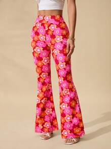 SHEIN PETITE Women's Elastic Printed Flare Pants, Simple & Fashionable, Suitable For Summer - Multicolor - View 6