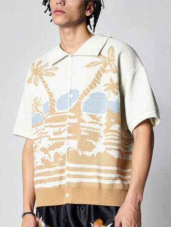 Street Life Tee-shirt tricot à manches courtes et imprimé tropical pour hommes, style décontracté et vacances