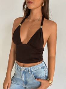 Aloruh Women's Solid Color Pleated Form-Fitting Halter Neck Knit Camisole,Rave Top - Coffee Brown - View 3