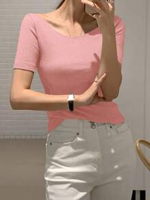 DAZY Áo thun nữ cổ tròn tay ngắn thanh lịch, màu xám, xuân/hè, trang phục công sở thường ngày cho nữ, quần áo trở lại trường - Hồng - Xem 8
