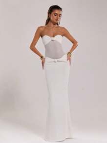 SHEIN BAE 女士优雅扭纹抹胸鱼尾连衣裙 - 白色 - 查看 6