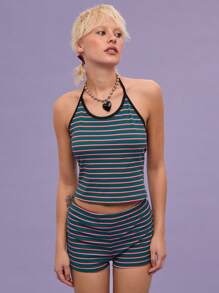 COUREZ Y2K Rib Stripe Halter Neck Top /Tops Summer Tops Going Out Tops /Street Casual/Leisure Music Festival Vintage - Dark Green - View 4