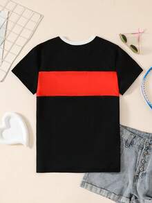 Camiseta de manga curta com decote em V combinando com a família, design casual moderno com cores contrastantes, tops soltos esportivos vintage com estampa de letras para mulheres, adequados para passeios, reuniões familiares, férias, uso casual - Multicolorido - Ver 2