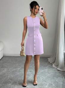 Elenzga Sleeveless Elegant Commuter Fashion Front Closure Waist Cinched Waist Women Dress