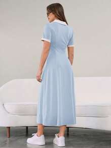 Seusyu Women's Contrast Color Collar Pleated Short Sleeve Casual Dress - Blue and White - View 2