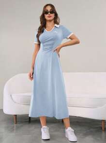 Seusyu Women's Contrast Color Collar Pleated Short Sleeve Casual Dress - Blue and White - View 3