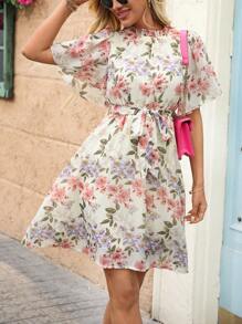 SHEIN Clasi Women's Boho Chiffon Short Dress With Floral Print, Ruffle Hem, And Stand Collar - Apricot - View 4