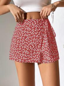 SHEIN PETITE 小碎花印花结饰侧裹下摆夏季短裙 - 粉色 - 查看 3