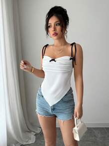 Chiquease 女士可爱不对称下摆蝴蝶结芭蕾风格白色吊带背心，夏季