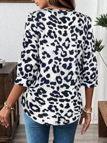 SHEIN LUNE Women's Leopard Print 3/4 Sleeve Casual Loose Blouse Cheetah Print,Casual - Black and White - View 2
