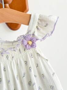Cozy Pixies Baby Girls' Floral Pattern Square Collar Ruffle Hem Sleeveless Romper, Casual & Versatile - Purple - View 3