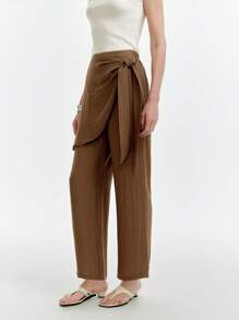 SHEIN Clasi Pantalones casuales con textura y lazo lateral para mujer - Marrón - Ver 3