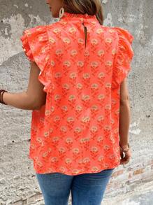 Breezaya 大码女式节日花卉印花立领荷叶边袖褶皱衬衫 - 彩色 - 查看 2