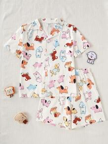 2pcs/Set Tween Girl' Casual Dog Doodle Button-Front Short Sleeve Top And Shorts Loungewear Set Pj Set For Kids Pajama Girl Set