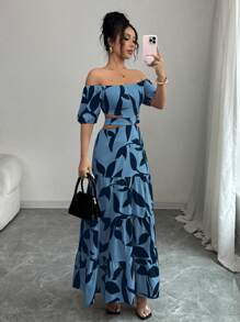 Elenzga Vestido de vacaciones con hombros descubiertos, con nudo y calado (Estampado floral con corte asimétrico) para mujeres - Neblina azul - Ver 3