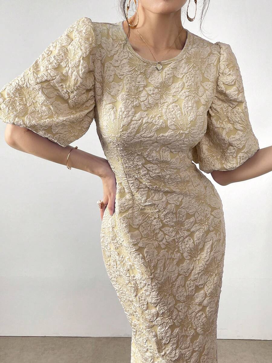 Modelyn Women Lantern Sleeve Solid Color Simple And Elegant Dress Maxi Women Outfit - Apricot - View 1