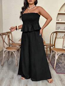 SHEIN Clasi 大码女式褶皱面料露肩荷叶边下摆阔腿裤两件套，春夏季度假风格