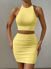 Allurite 2pcs Women Solid Color Sleeveless Top And Mini Skirt Set, Minimalist Style Suitable For Summer, Women 2 Pieces Outfits Women Summer Clothes Summer Women Two Pieces Outfits Summer - Yellow - View 3