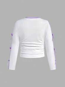 SHEIN 2pcs Set Young Girls Casual Outfit, Long Sleeve Top With Bow Decor & Woven Jogger Pants, Suitable For Spring/Autumn - Multicolor - View 5