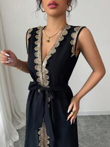 Rafferiza Vestido largo elegante de mujer sin mangas con escote en V y ajuste a la cintura