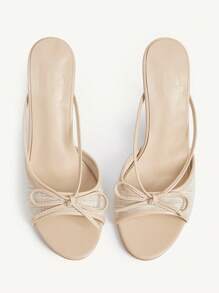 CUCCOO CHICEST Giày sandal cao gót mũi tròn, quai nơ thanh lịch, kiểu dáng mảnh mai, chất liệu vải lanh màu kaki, thích hợp cho tiệc trà, hẹn hò, trang phục duyên dáng, kỳ nghỉ hoặc dịp Giáng sinh. - Màu be - Xem 3