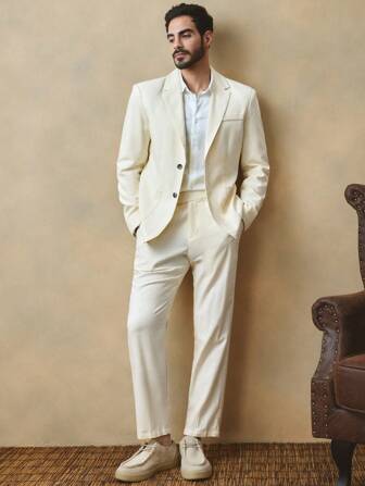 GENTILAND 2pcs Men's Casual Fitted Shoulder Padded Blazer Jacket And Tapered Suit Pants Set, Plain Color, Suitable For Daily Wear