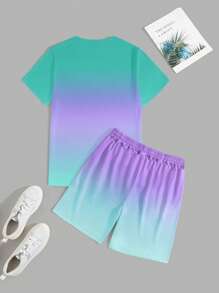 Manfinity RSRT 男士棕榈树印花圆领短袖 T 恤和抽绳腰短裤套装，休闲舒适服装