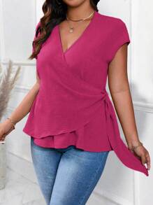 SHEIN LUNE Plus Size Crinkle Textured Crossover Wrap With Knot Side Short Sleeve Casual Outgoing Commute Shirt, Valentine's Day - Red Violet - View 4